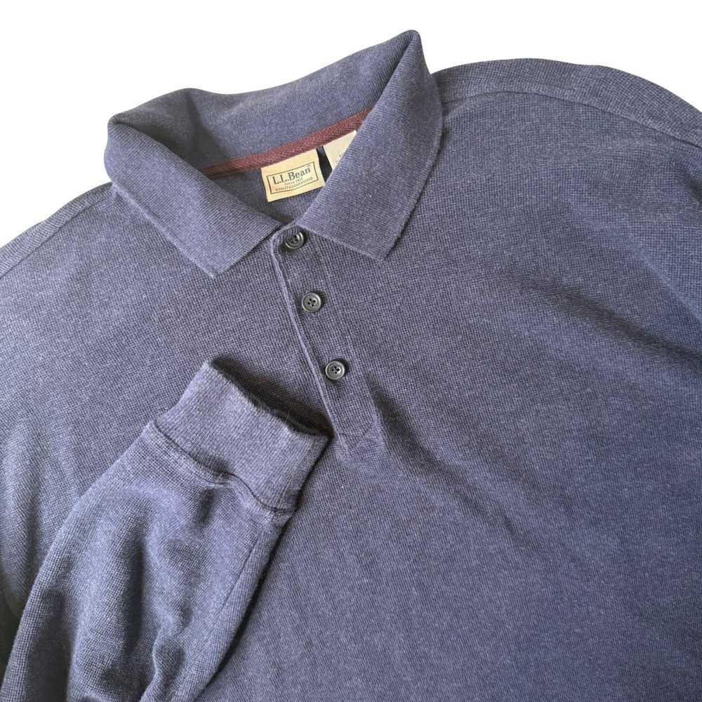 LL Bean Mens Waffle Knit Long Sleeve Polo Shirt Cotton Size XXL Minimalist‎